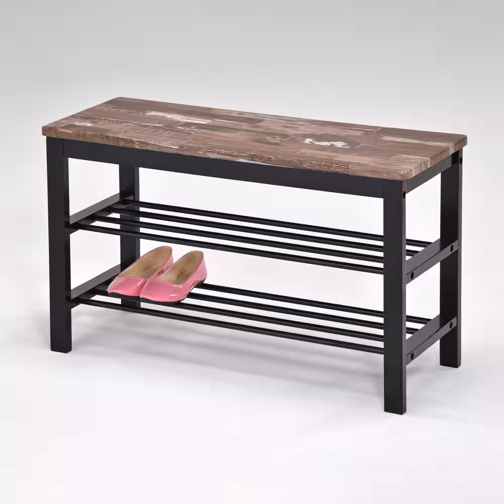 DANYA B Urban Escape 18.75 in. H x 31.5 in. W Brown and Black Iron Entryway Bench and Shoe Storage Bench Rack