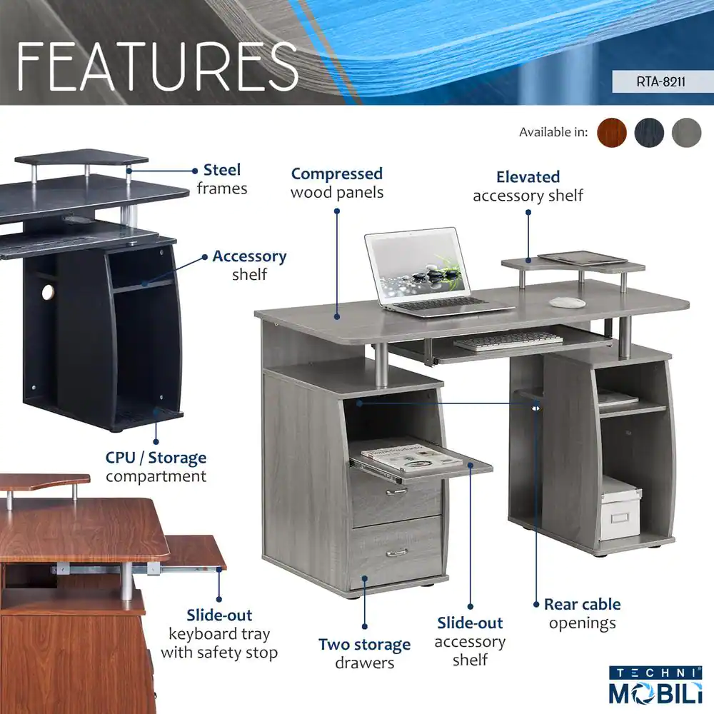 TECHNI MOBILI 47.25 in. Rectangular Espresso 2 Drawer Computer Desk with Keyboard Tray