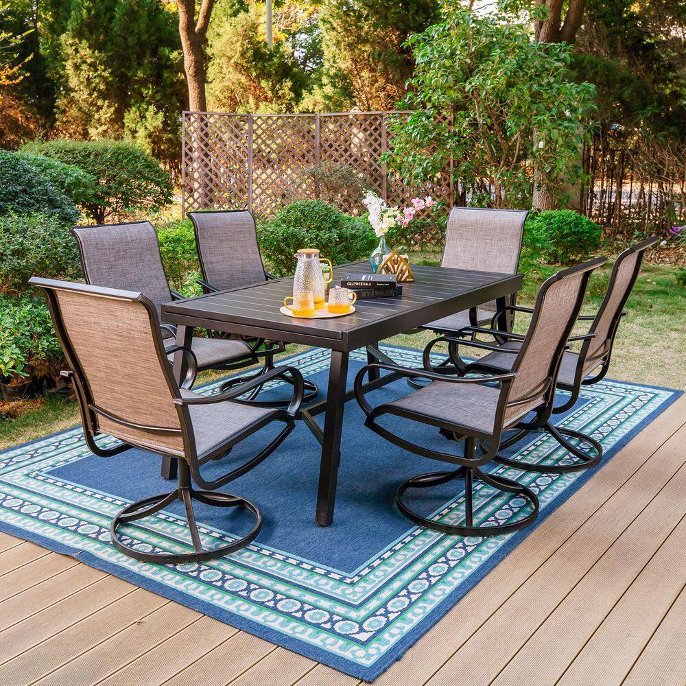 None Black 7-Piece Metal Outdoor Patio Dining Set with Slat Extendable Table and Fashion Swivel Chairs with Beige Cushions