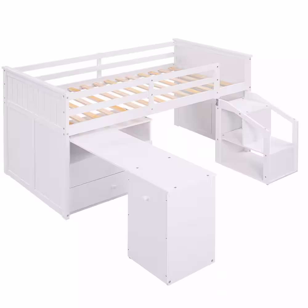 Qualler White Twin Size Low Loft Bed with Storage Steps and Portable Desk