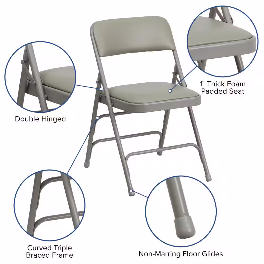 Flash Furniture Hercules Series Curved Triple Braced & Double Hinged Gray Vinyl Upholstered Metal Folding Chair