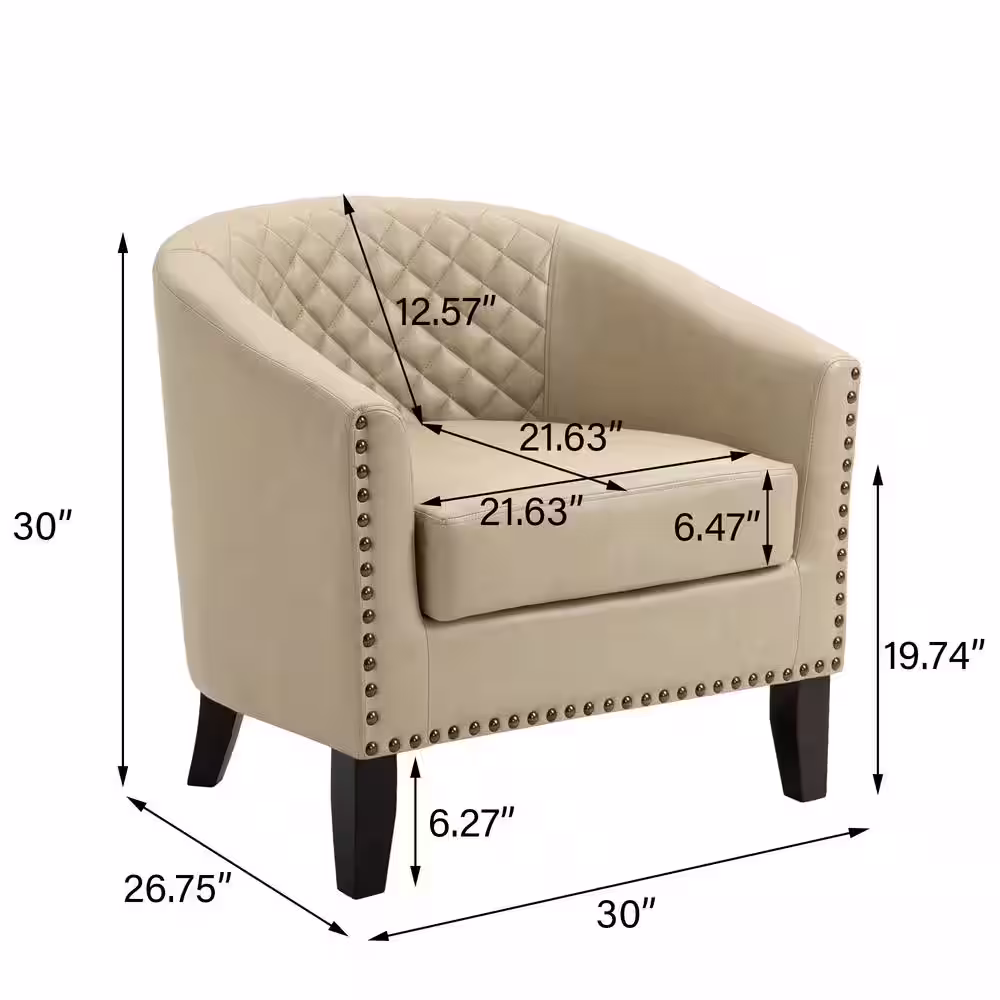 None Modern Beige Solid Wood Legs PU Leather Upholstered Accent Barrel Chair With Nailhead Trim
