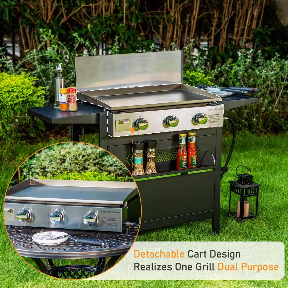 None 3-Burner Portable Propane Gas Griddle in Black with Cart and Lid