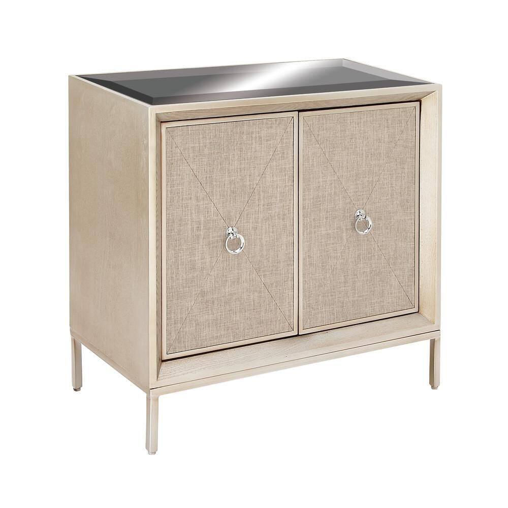 Litton Lane Beige Wood Upholstered Front Panel 1 Shelf and 2 Doors Cabinet with Mirrored Top and Ring Handles