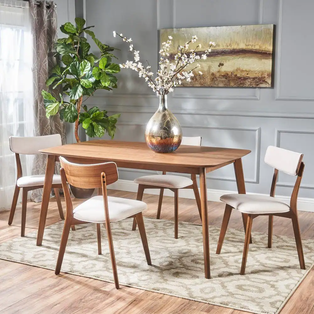 Noble House Alma 5-Piece Natural Walnut and Light Beige Dining Set