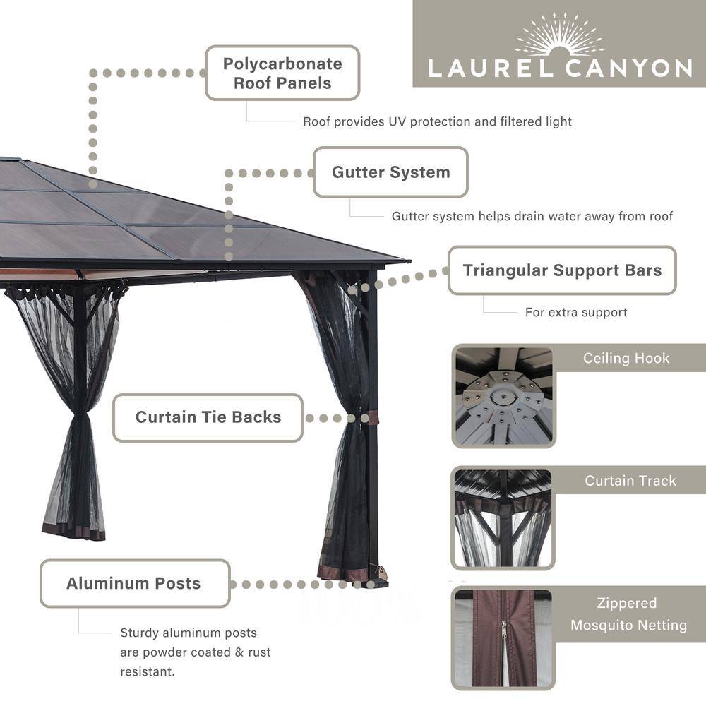 LAUREL CANYON 12 ft. x 16 ft. Polycarbonate Hardtop Gazebo with Mosquito Netting