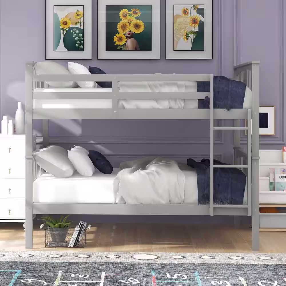 None Gray Full Over Full Wood Bunk Bed Frame with Guard Rails and Ladder for Kids Teens, Can be Convertible to 2-Beds