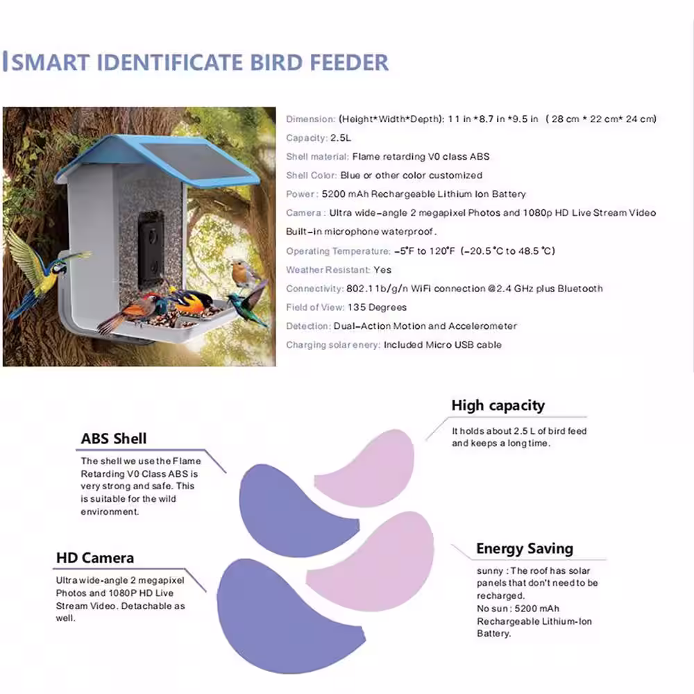 None Smart Bird Feeder Bird House with 1080P HD Camera, Solar Roof, Built-in Microphone (Include 32G SD Card)