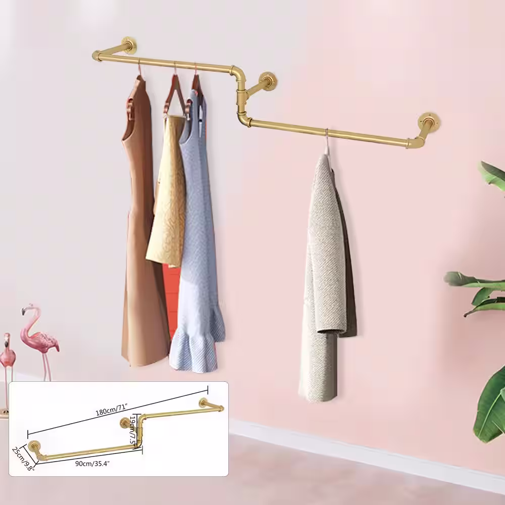 None Gold Iron Clothes Rack Hanging Rod Wall Mounted Pipe Garment Rack 71 in. W x 7.5 in. H