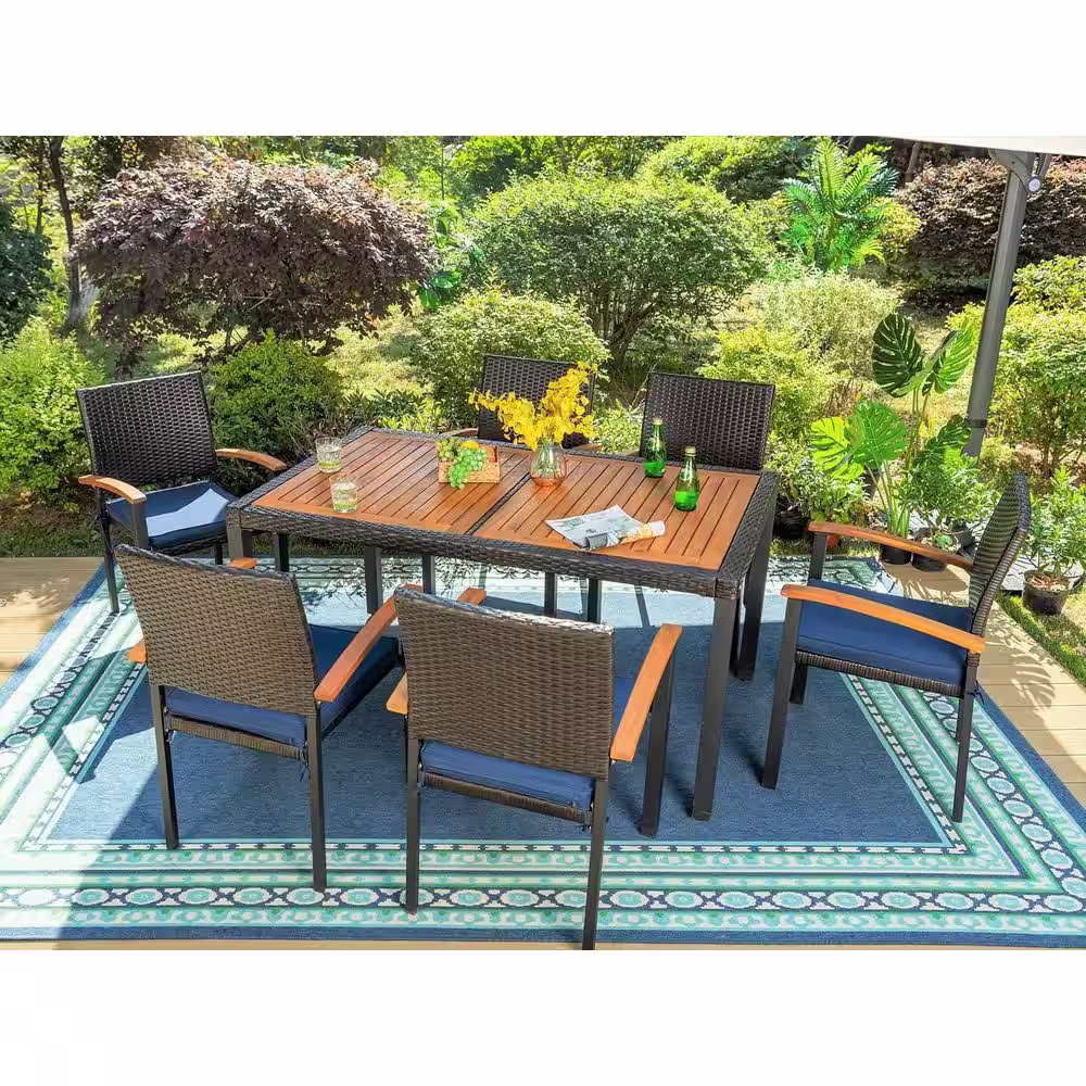 None Black 7-Piece Metal Patio Outdoor Dining Set with Slat Rectangle Table and Rattan Chairs with Blue Cushion
