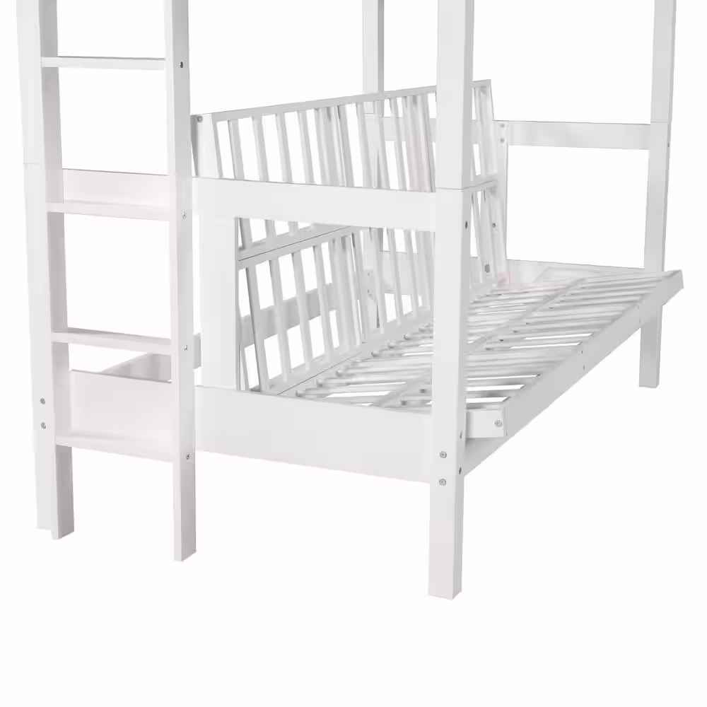 ANBAZAR Twin over Full Bunk Bed/Twin over Futon, Convertible to 2 Beds, Wood Bunk Bed with Safety Guardrail and Ladde(White)