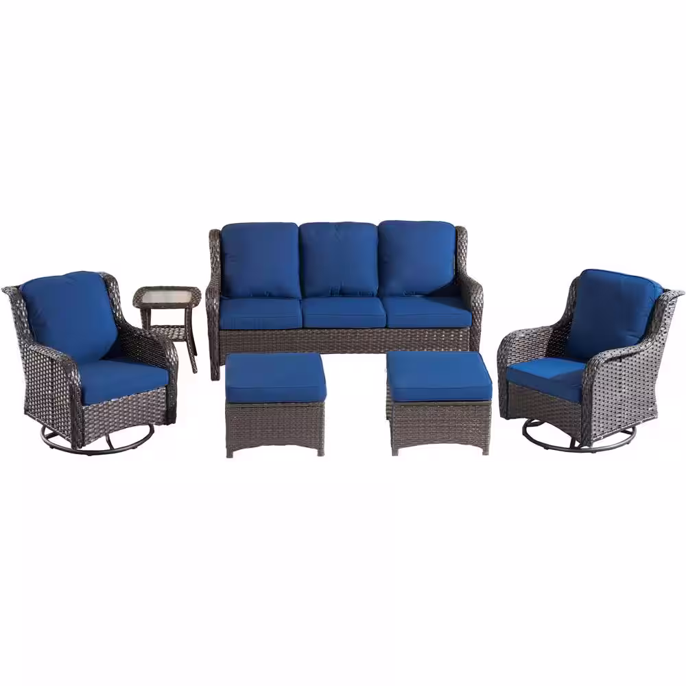 XIZZI Maroon Lake Brown 6-Piece Wicker Patio Conversation Seating Sofa Set with Navy Blue Cushions and Swivel Rocking Chairs