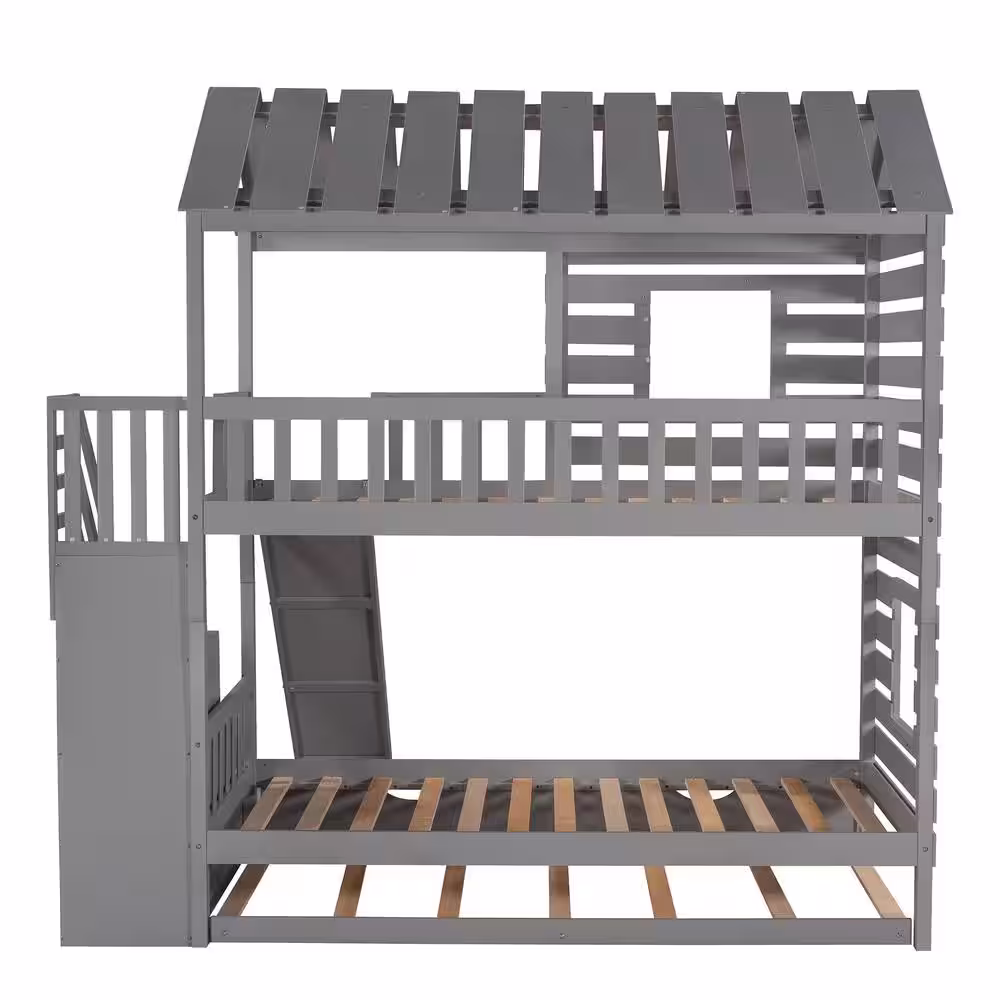 Qualler Gray Twin Over Twin House Bunk Bed With Trundle and Slide