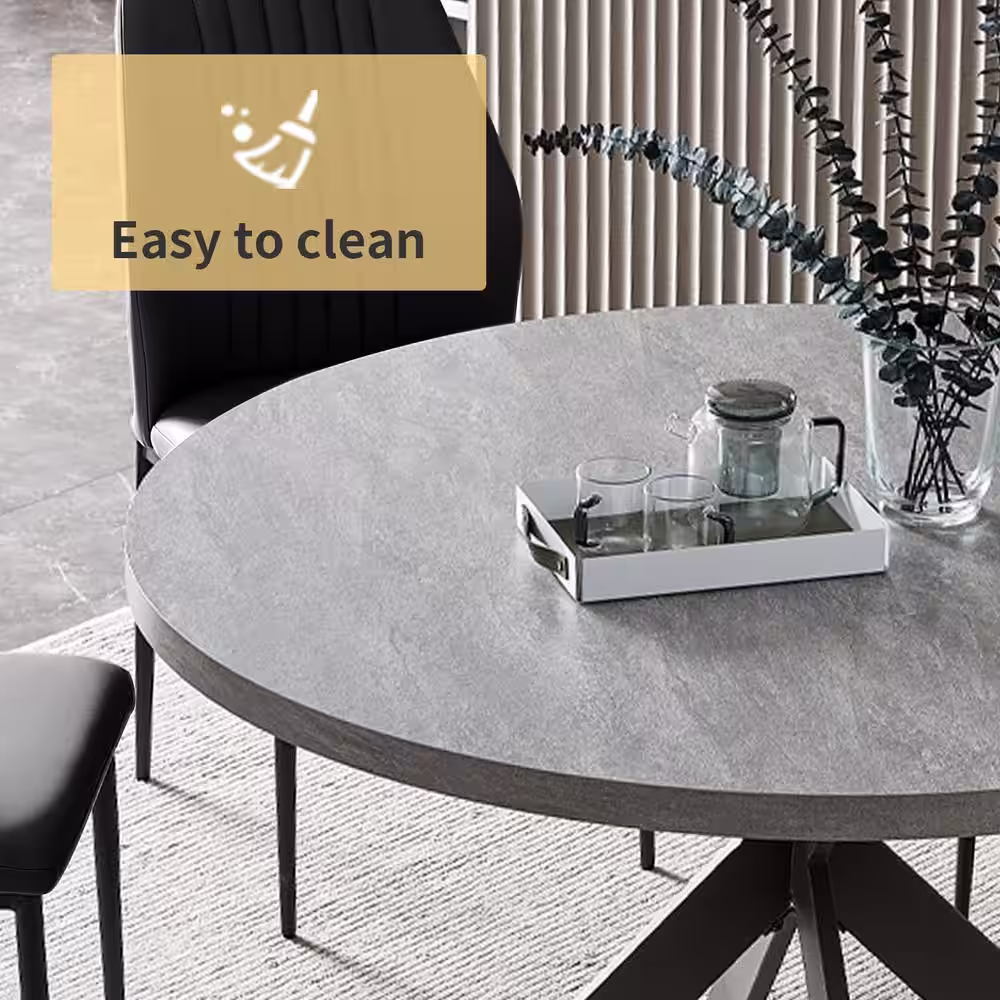 None 5-Piece Black Chairs and Round Gray Dining Table, Dining Table Set with Matching 4 Solid Back Chairs for Dining Room