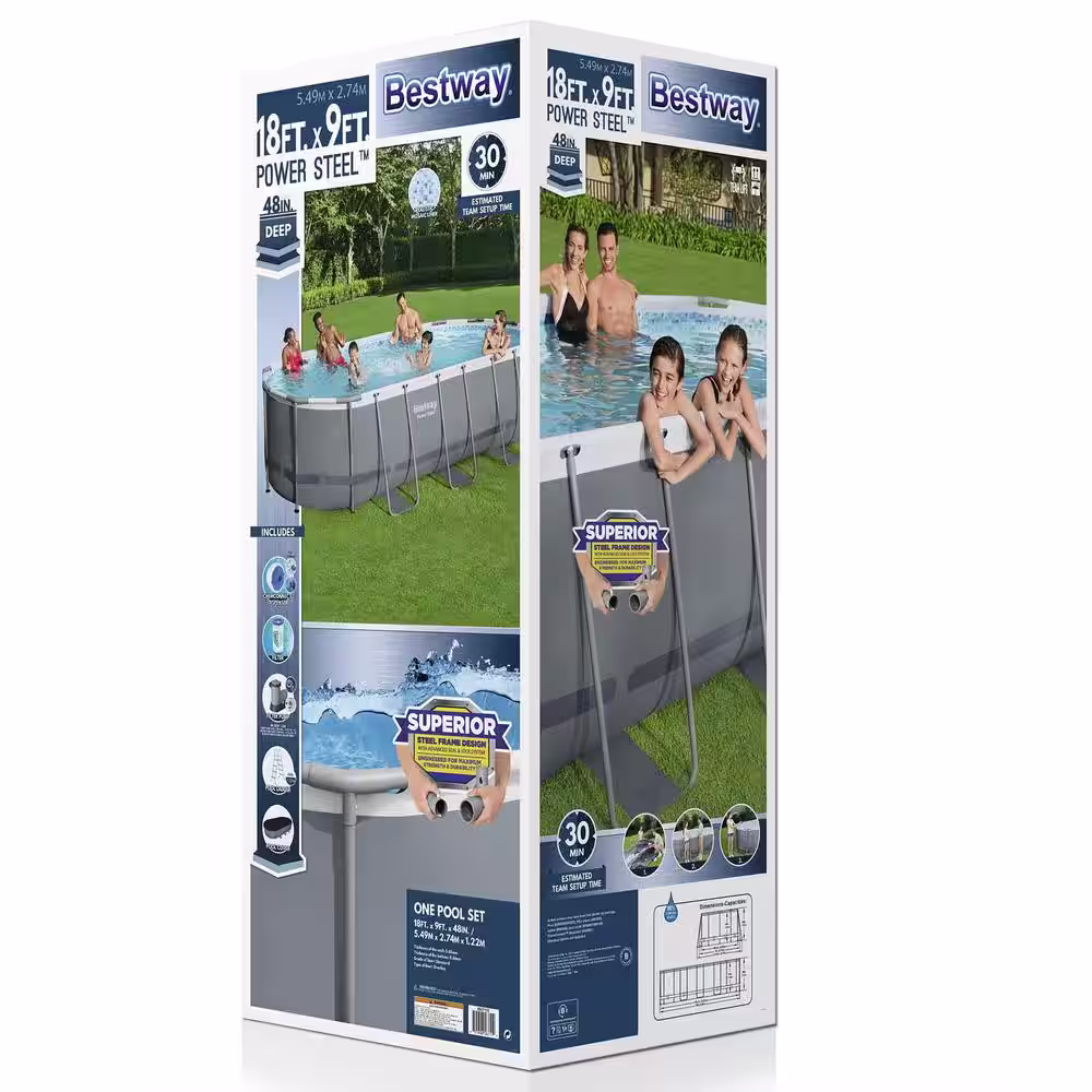 Bestway 18 ft. x 9 ft. Oval 48 in. Deep Metal Frame Above Ground Outdoor Swimming Pool Set