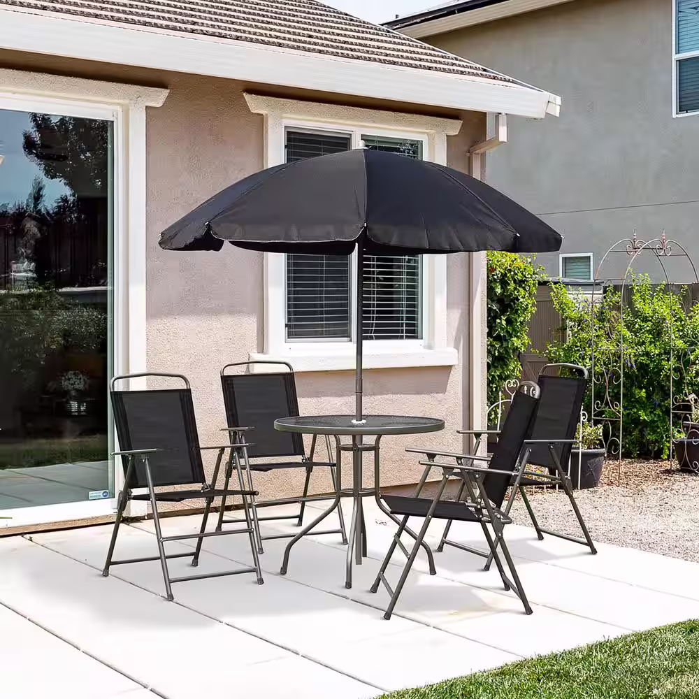 Outsunny Black 6-Piece Metal Round Table Outdoor Bistro Set and Patio Umbrella with 4 Folding Dining Tables