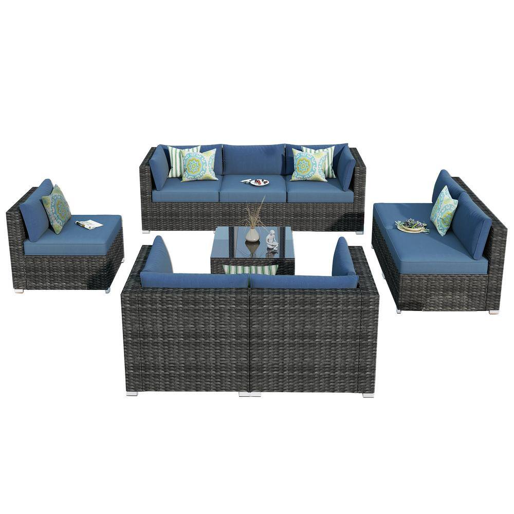 HOOOWOOO Messi Grey 9-Piece Wicker Outdoor Patio Conversation Sofa Seating Set with Denim Blue Cushions
