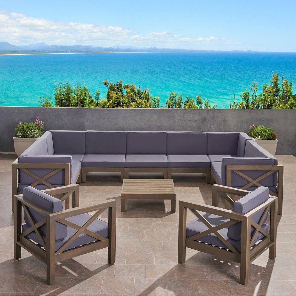 Noble House Brava Grey 10-Piece Wood Patio Conversation Sectional Seating Set with Dark Grey Cushions