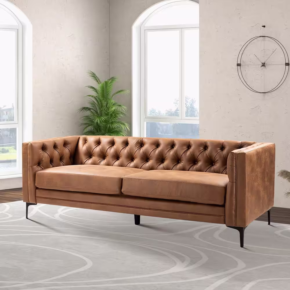 JAYDEN CREATION Eridu Comtemperary 84 in. Square Arm Faux Leather Button-Tufted design Tuxedo Rectangle Sofa in Camel