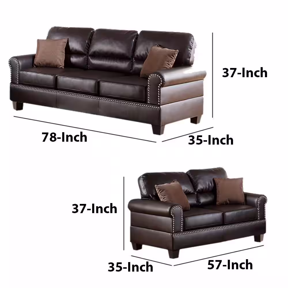 Benjara 57 in. Round Arm Bonded Leather Straight 2-Piece Sofa Set with Pillows Brown