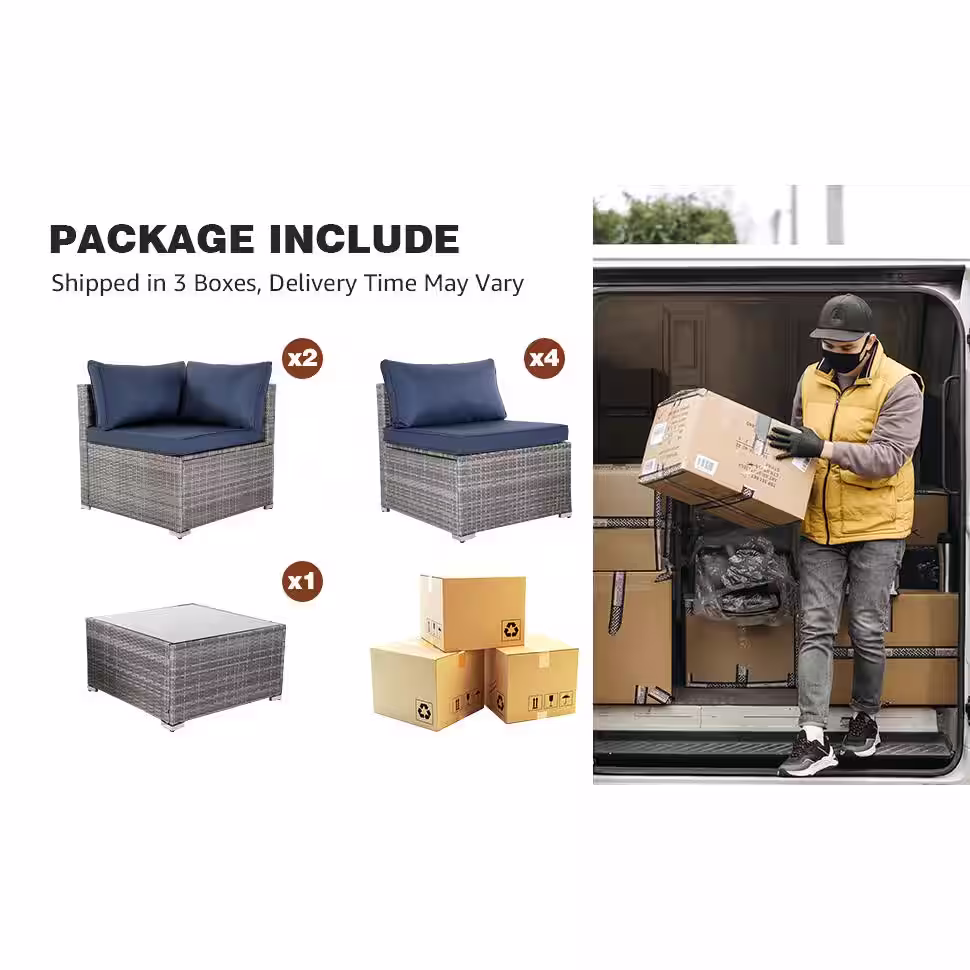 None All-Weather 7-Piece Gray PE Wicker Patio Conversation Set with Navy Blue Cushions