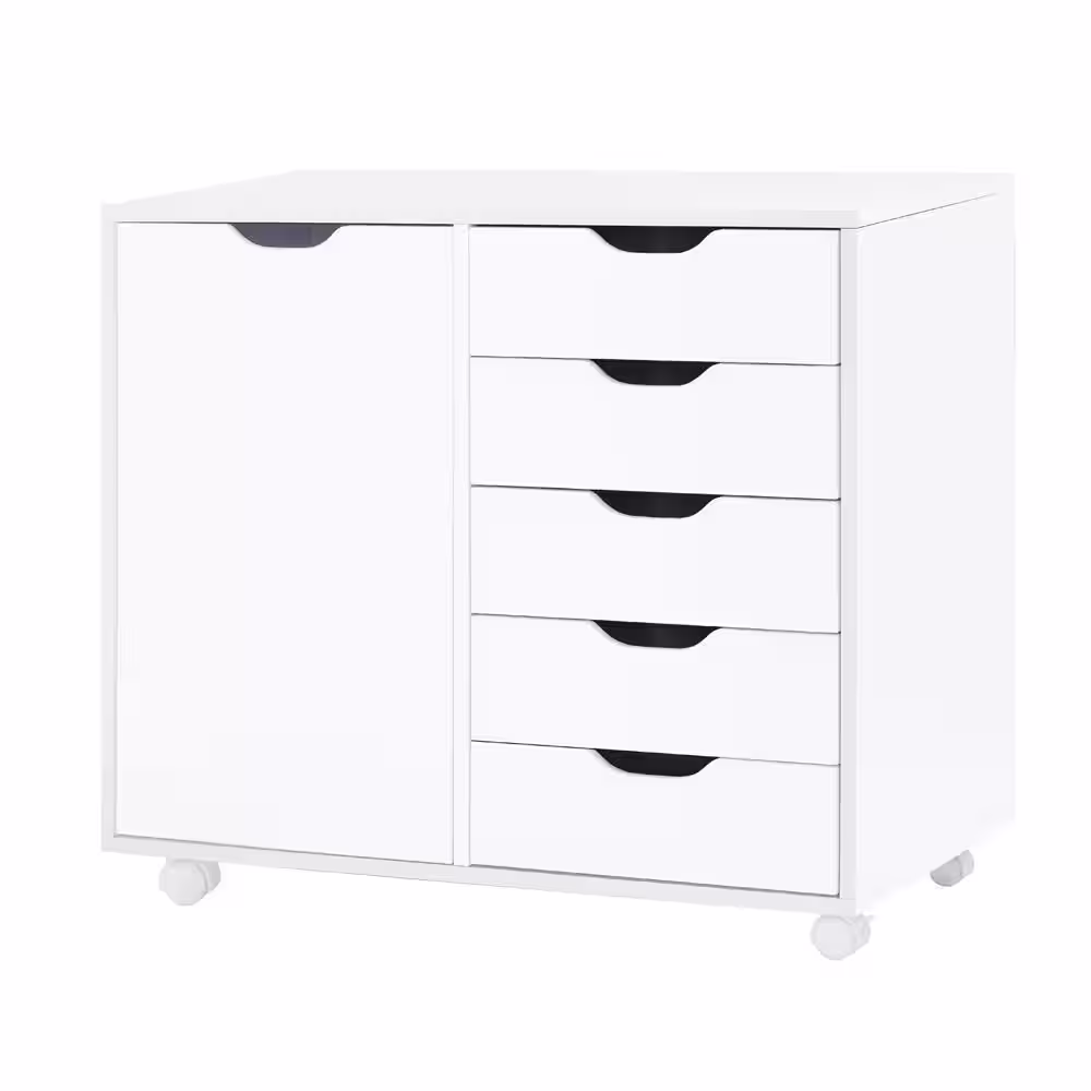 HOMESTOCK White, 5 -Drawer Wood Storage Dresser Cabinet with Shelves, Wheels, Craft Storage, Makeup -Drawer File Cabinet,