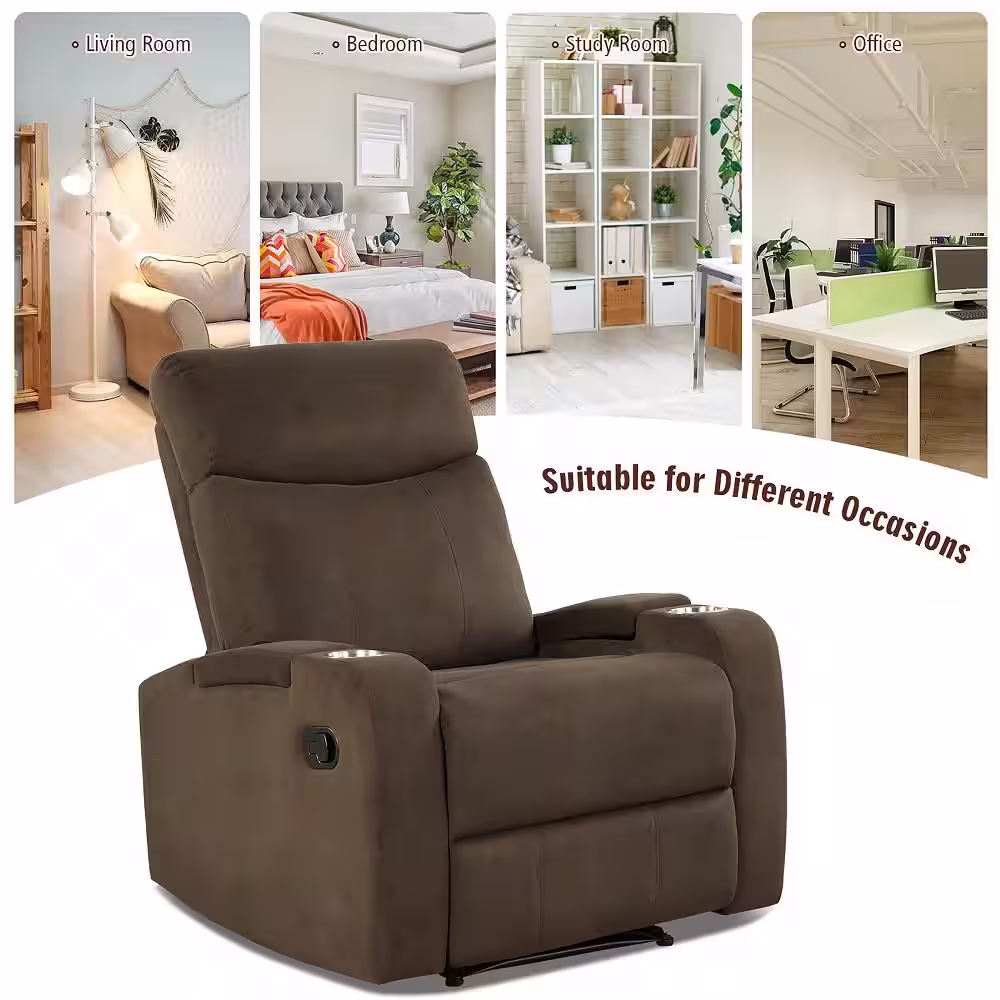 Costway Coffee Metal Flannelett Recliner Chair with Arm Storage and Cup Holder