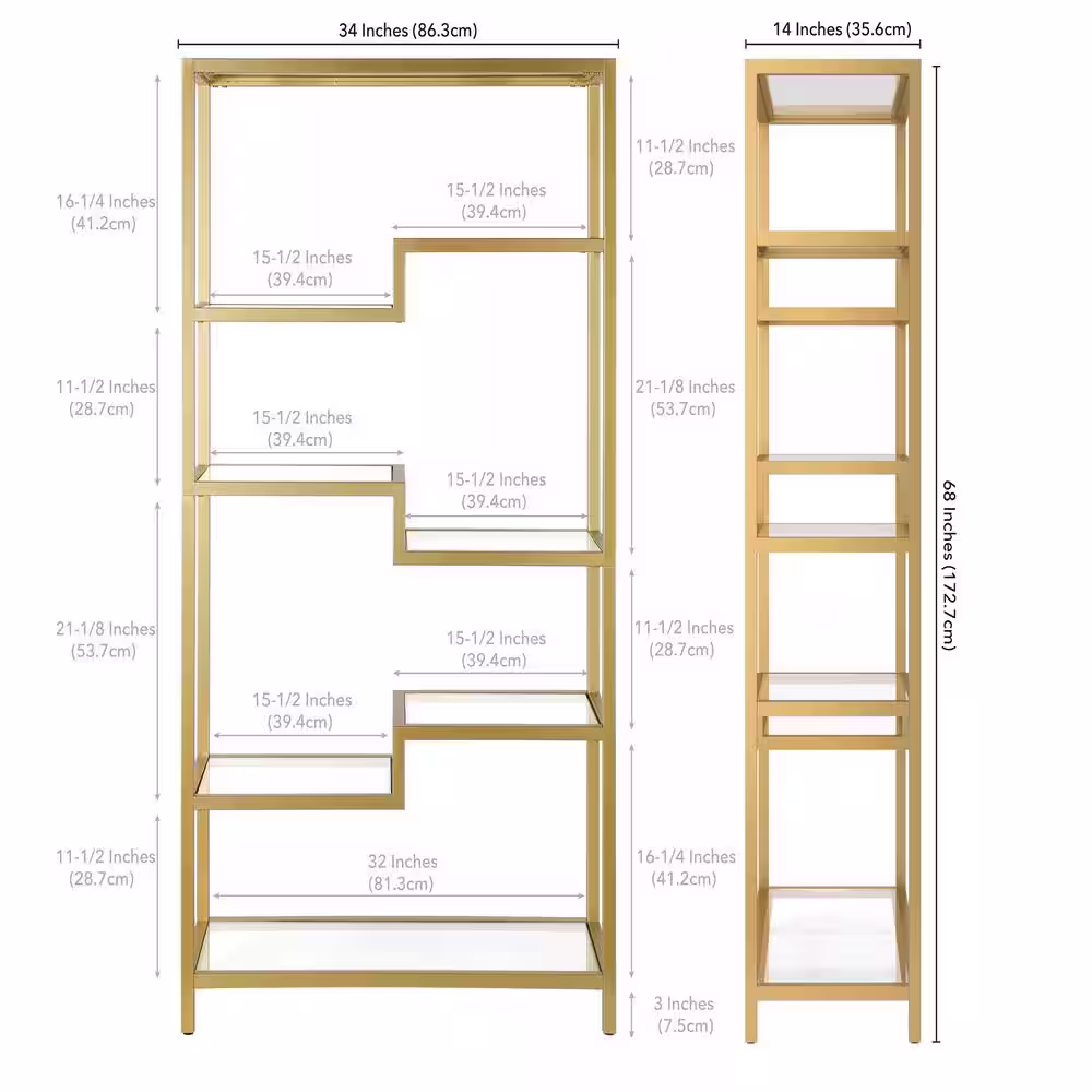 Meyer&Cross Johann 68 in. Metal 4-Shelf Brass Finish Bookcase