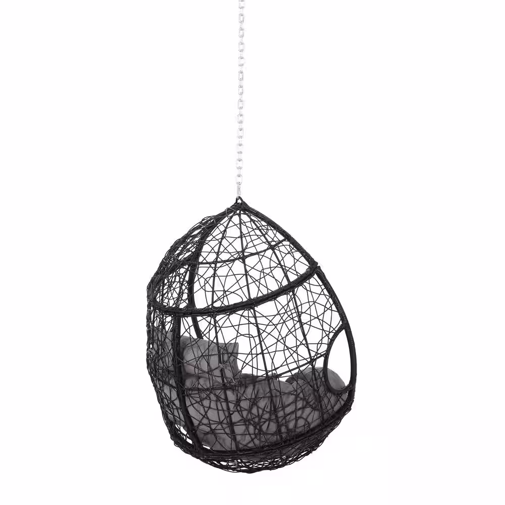 Noble House Autry 46 in. Black Hanging Egg Chair with Gray Cushions (No Stand)