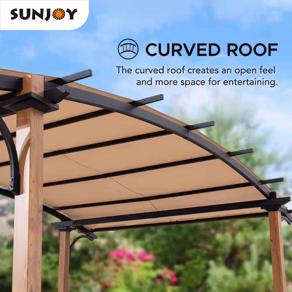 Sunjoy Alamo 8.5 ft. x 13 ft. Steel Arched Pergola with Natural Wood Looking and Tan Shade