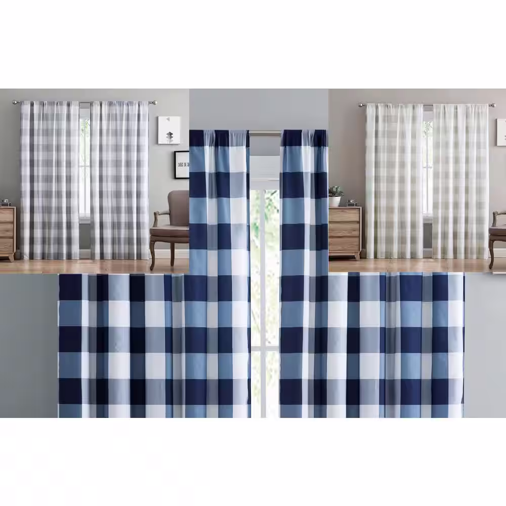 Truly Soft Gray Buffalo Check Rod Pocket Room Darkening Curtain - 50 in. W x 84 in. L (Set of 2)