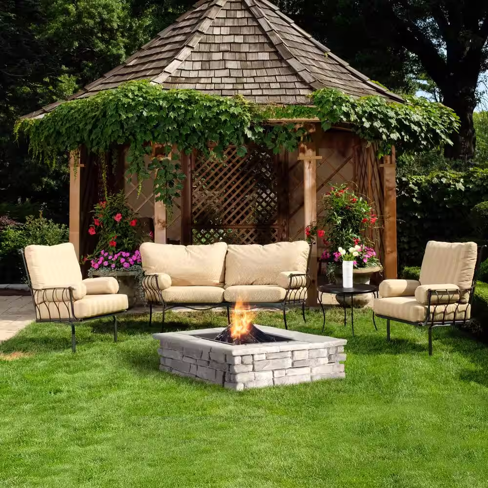 Natural Concrete Products Co 28 in. x 14 in. Steel Wood Random Stone Gray Square Fire Pit