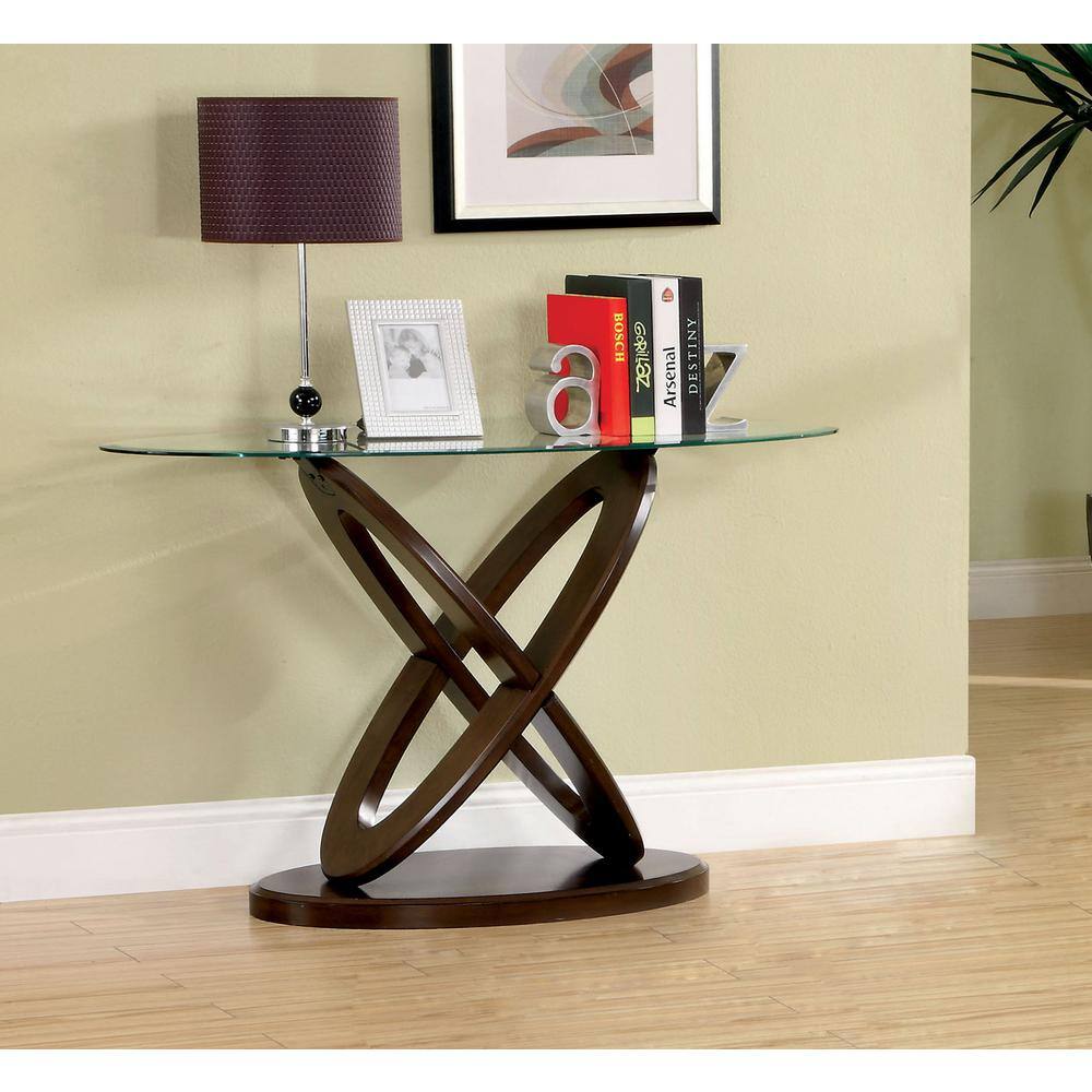 Furniture of America Quaze 48 in. Dark Walnut Oval Glass Console Table