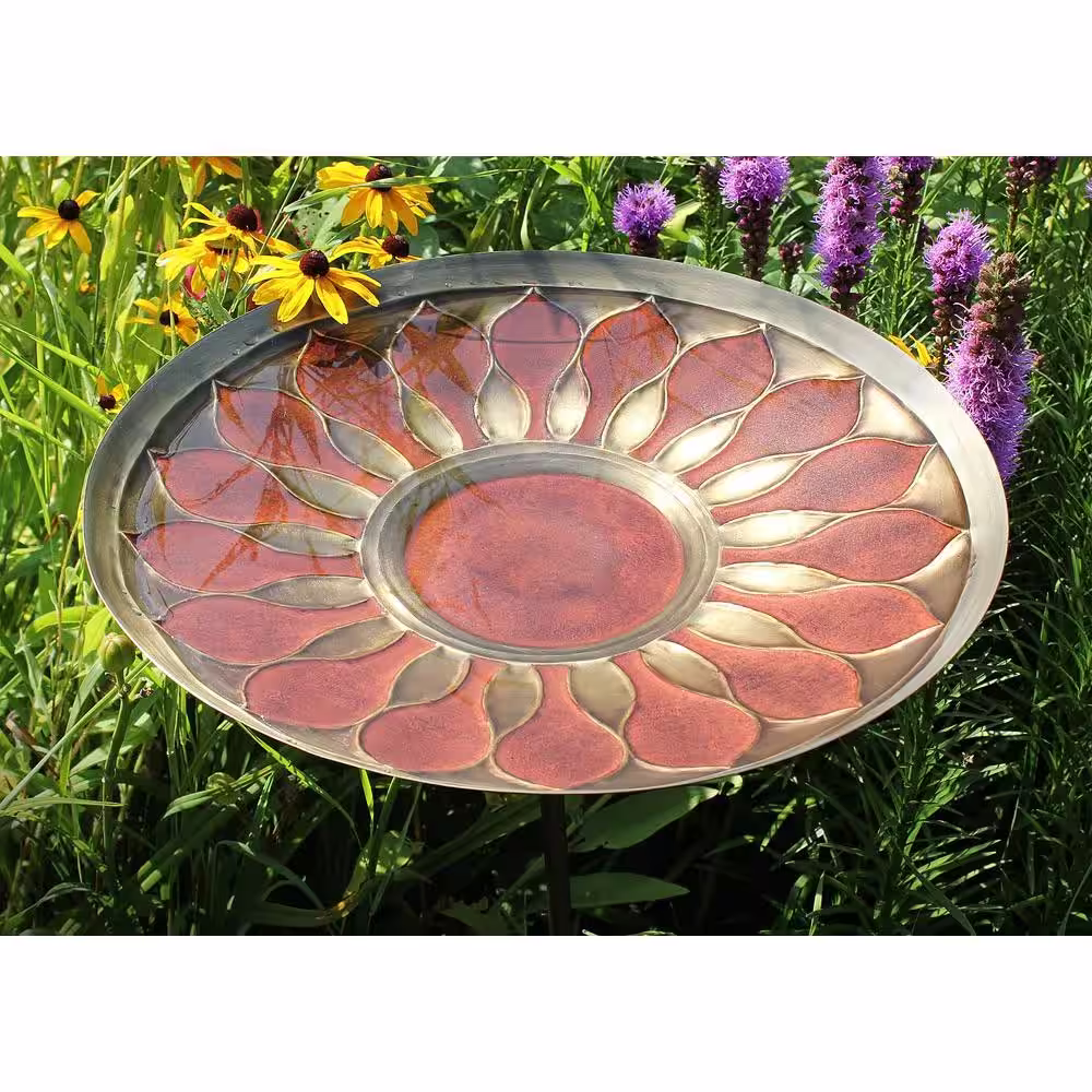Achla Designs 40 in. Tall Antique and Patina Red African Daisy Birdbath with Stake