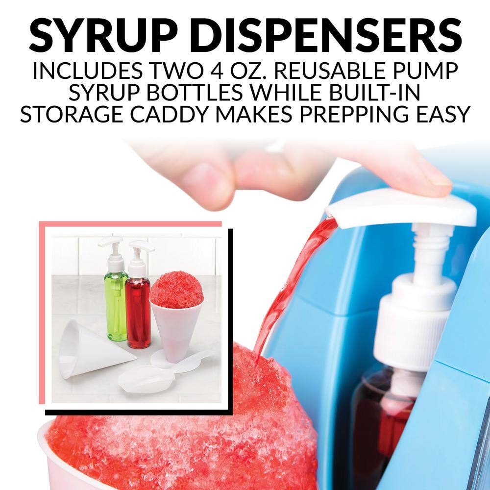 Nostalgia 30 W Blue Snow Cone Maker with Two 4-oz. Reusable Pump Syrup Bottles