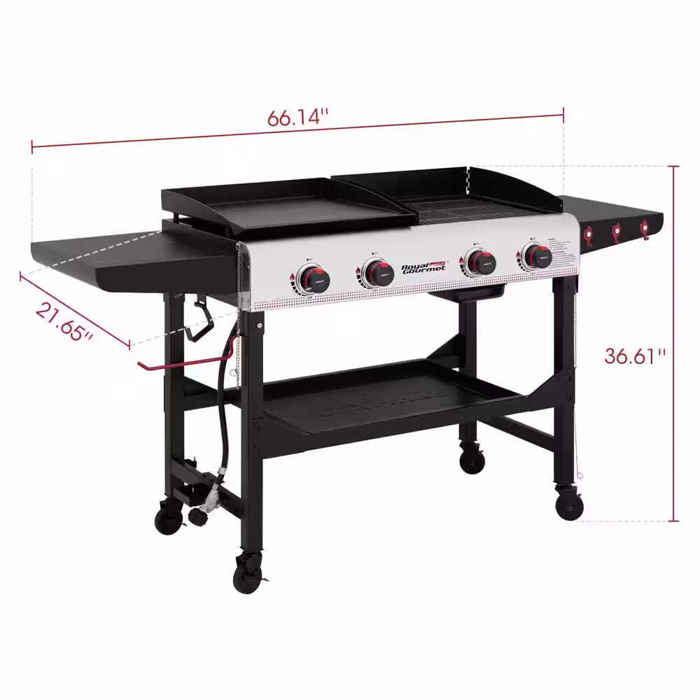 Royal Gourmet 4-Burner 48,000 BTU Portable Flat Top Gas Grill and Griddle Combo Grill in Black with Folding Legs for Outdoor Cooking