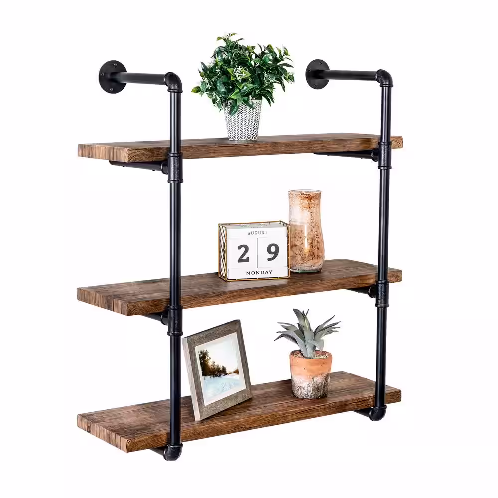 Honey-Can-Do 9 in. x 31.5 in. x 35.4 in. Black Steel and Wood 3-Tier Industrial Wall Shelf