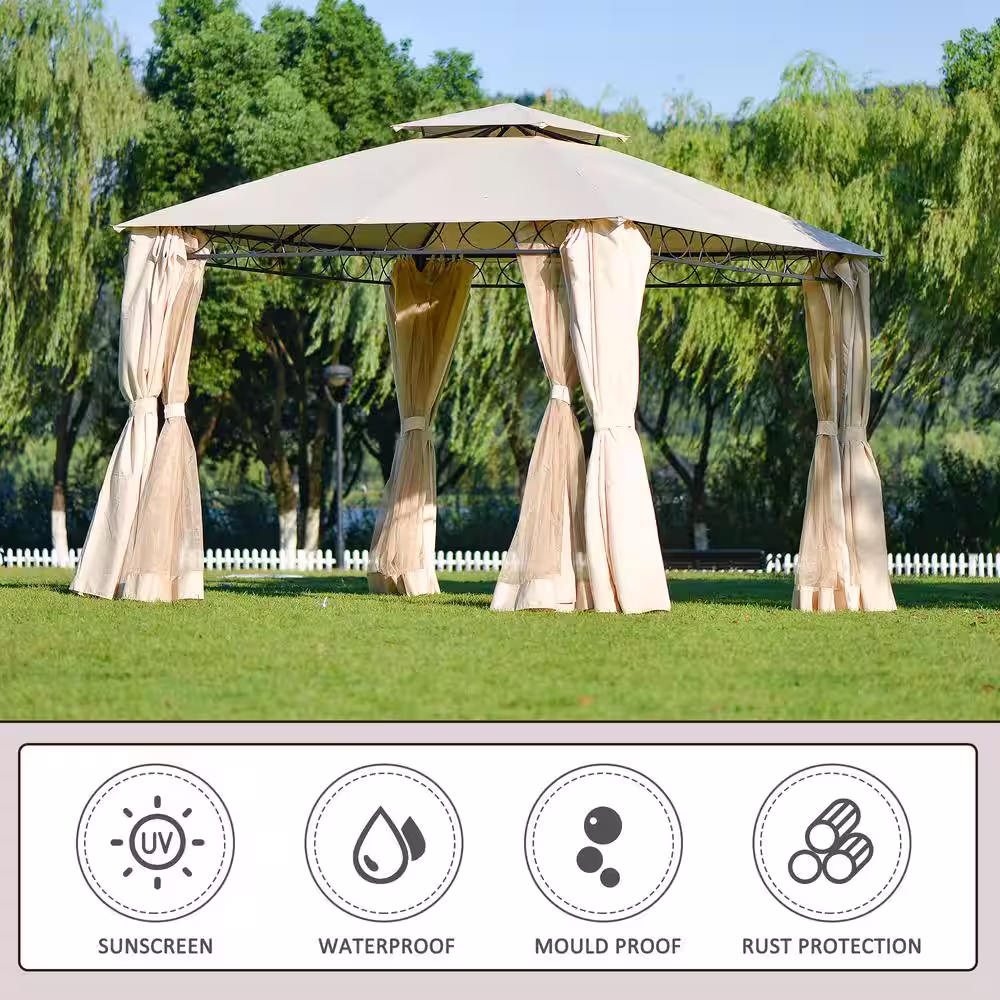 Anvil Beige 10 ft. x 10 ft. Outdoor Gazebo Canopy with Double-Tiered Vented Top and Mesh Netting