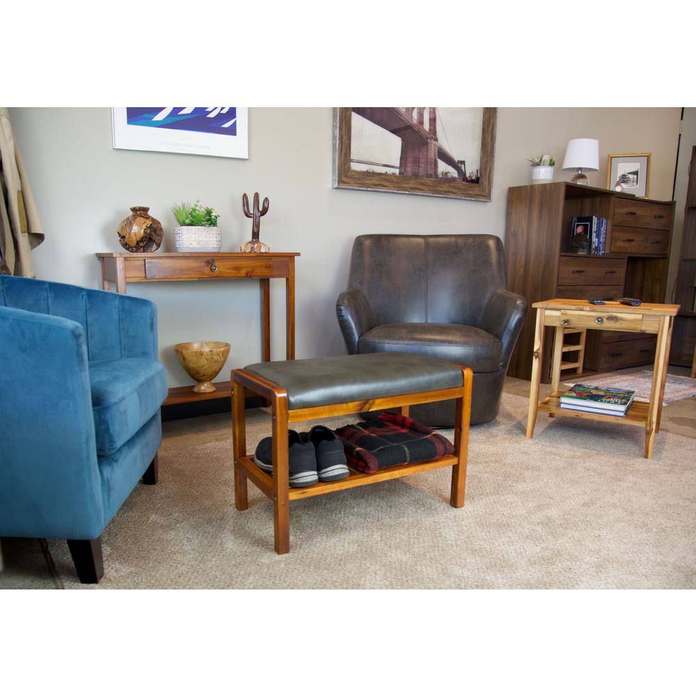 None Dark Mahogany Bench with Slatted Shelf 17 in. H x 23.75 in. W x 12.5 in. D