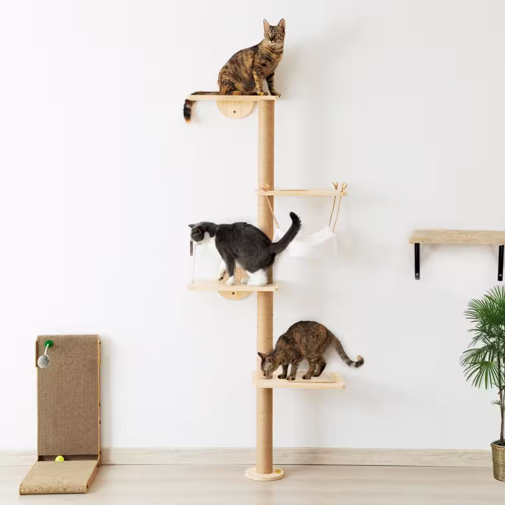 None 69.1 in. Small to Large Wooden Cat Trees, Wall-Mounted Cat Scratching Pad with Hammock