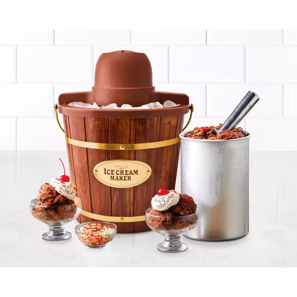 Nostalgia 4 qt. Brown Dark Wood Bucket Ice Cream Maker