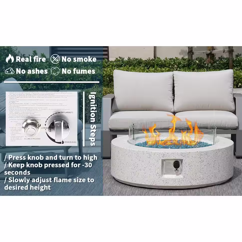 None 41 in. 50000 BTU Elegant White Round Composite GRFC Fire Pit Table with Glass Wind Guard and Water-Resistent Cover