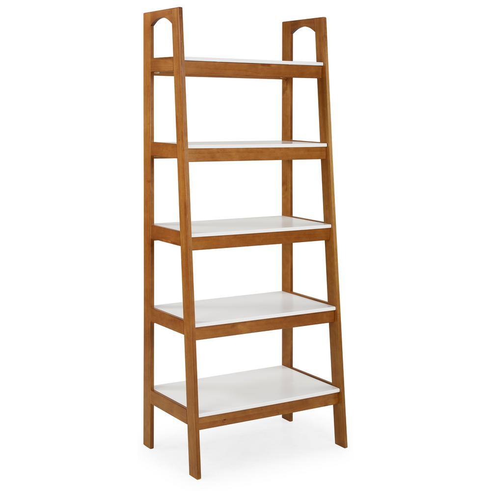Camaflexi Mid Century Modern 74 in. White / Castanho Wood 5-Shelf Open Bookcase with Solid Wood Frame