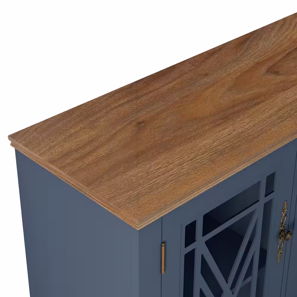 None Vintage Navy MDF 63 in. Storage Buffet Sideboard with Floral Design Doors