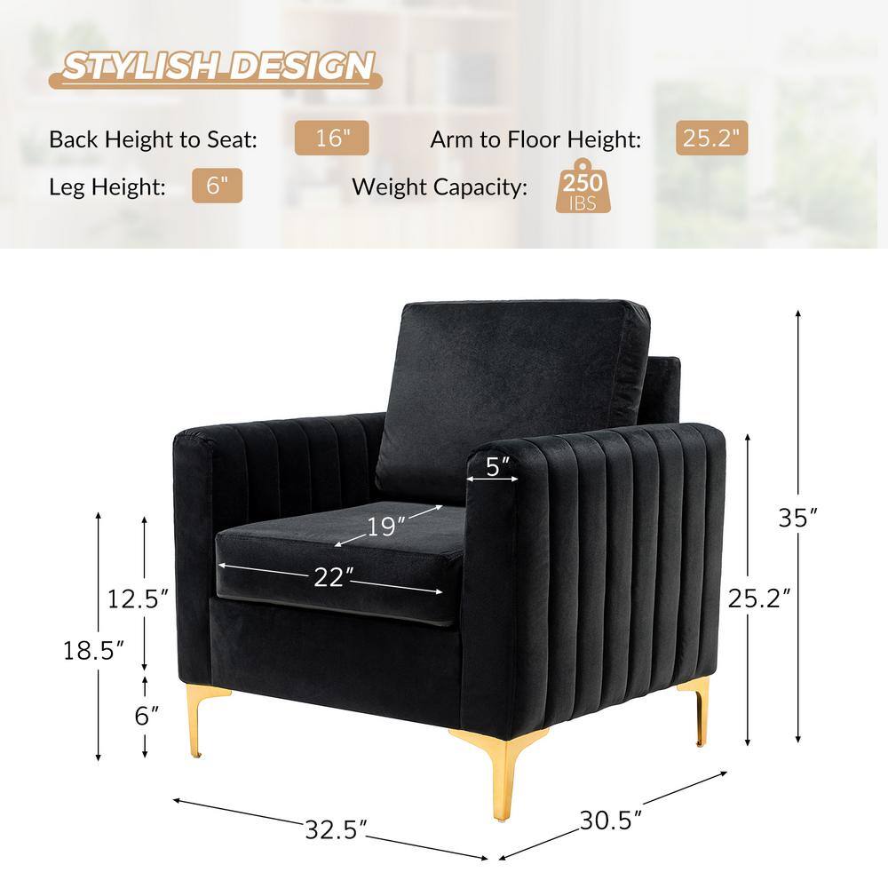 JAYDEN CREATION Ennomus Modern Black Velvet Cushion Back Club Chair with Golden Metal Legs and Track Arms (Set of 2)