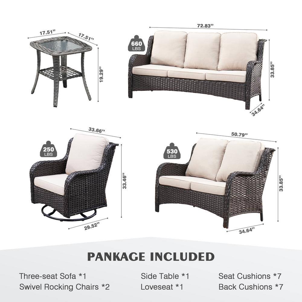 None Monet Brown 5-Piece Wicker Patio Conversation Seating Sofa Set with Beige Cushions and Swivel Rocking Chairs