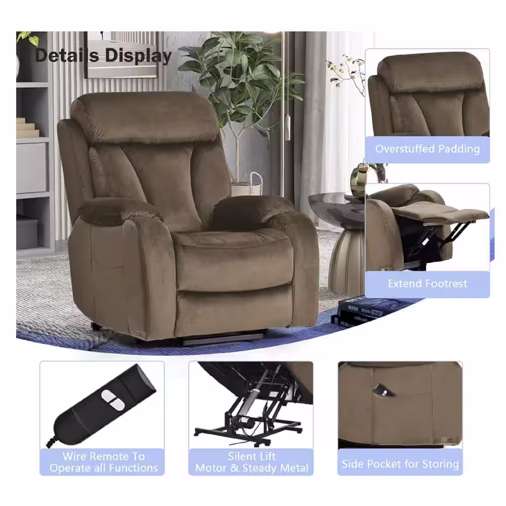DAZONE Brown 31'' Wide Power Lift Assist Standard Recliner Velvet Polyester Blend with Remote Control
