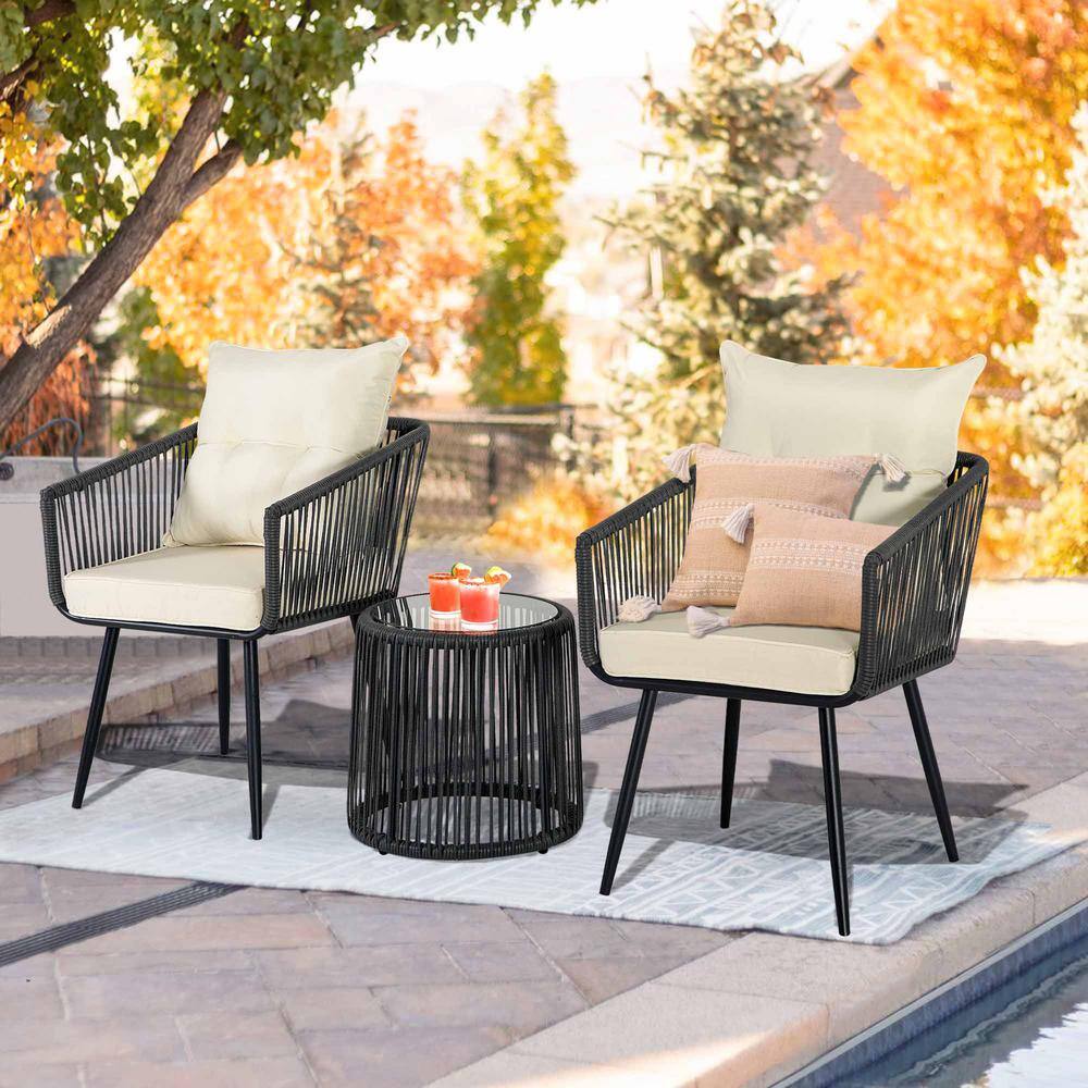 None 3-Piece Outdoor Conversation Set Handwoven Dark Gray Rattan Wicker Chairs with Beige Cushions, Tempered Glass Table