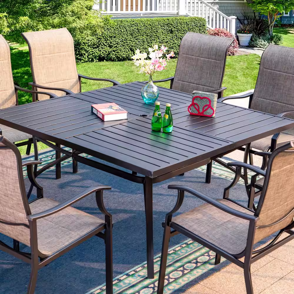 None Black 9-Piece Metal Patio Outdoor Dining Set with Slat Square Table and Padded Textilene Chairs