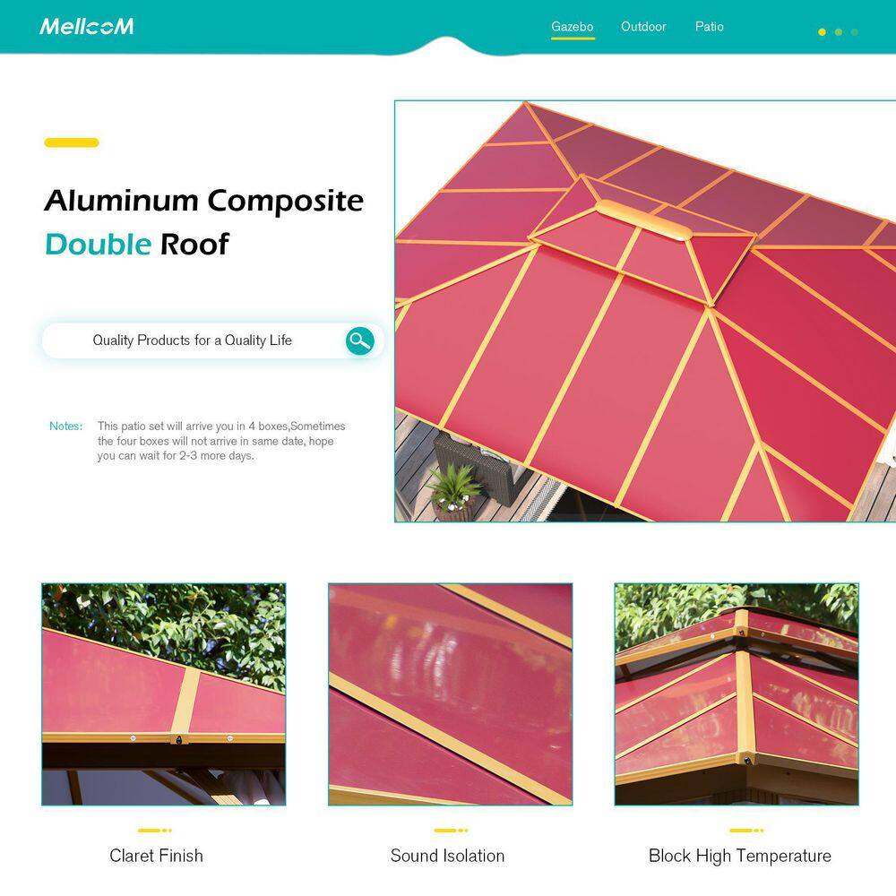 None 10 ft. x 12 ft. Metal Hardtop Gazebo, Wooden Finish Coated Aluminum Frame Double Roof Gazebo, Claret